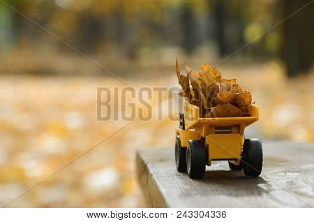 The Concept Of Seasonal Harvesting Of Autumn Fallen Leaves Is Depicted In The Form Of A Toy Yellow T
