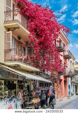 Nafplio, Greece - April 30, 2018: A Street In The Old Town. Nafplio Is A Historic City, It Was The F