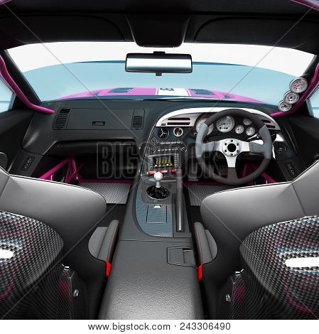 The Interior Of The Car For Racing. Executed Elements And Safety Nodes Of The Pilot Of A Speedy Bali