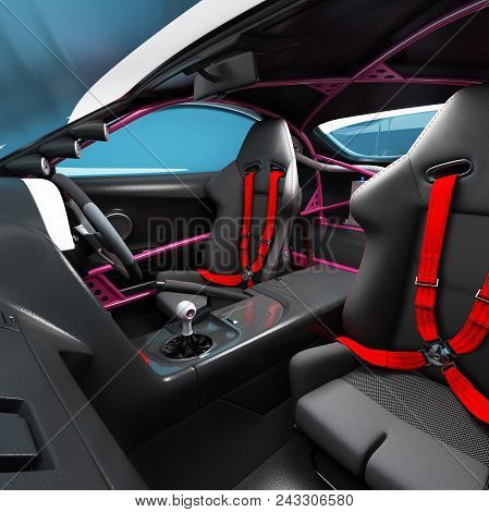 The Interior Of The Car For Racing. Executed Elements And Safety Nodes Of The Pilot Of A Speedy Bali