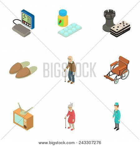 Senility Icons Set. Isometric Set Of 9 Senility Vector Icons For Web Isolated On White Background