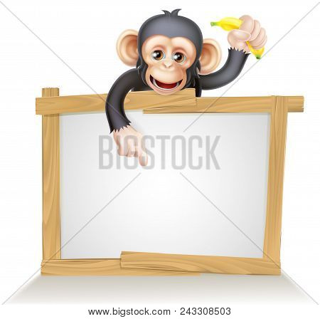 Cartoon Chimp Monkey Like Character Mascot Above A Blank Sign Holding A Banana