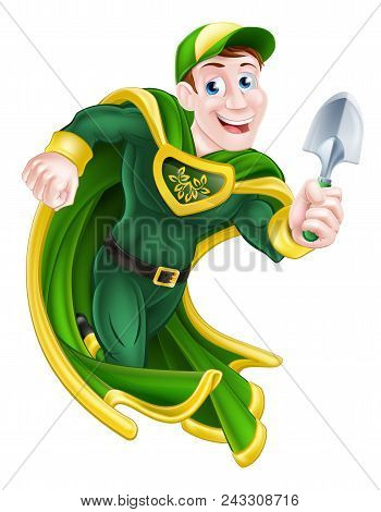 A Cartoon Super Hero Gardener Character Holding A Garden Trowel Tool