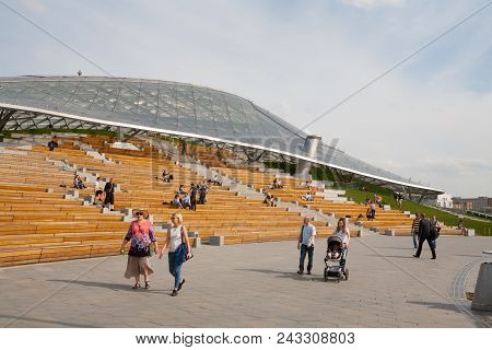 Moscow, Russia - May 17, 2018: People Walking Near Great Amphitheater In Zaryadye Park. Zaryadye Par