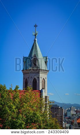 Hakodate, Japan - Oct 5, 2017: Bell Tower Of Motomachi Catholic Church In Hakodate, Japan. The Churc