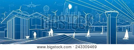 Futuristic City. Urban Life. Town Infrastructure. Industrial Illustration. Large  Bridge. People On 
