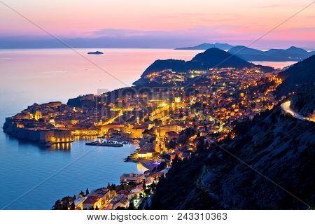 Historic Town Of Dubrovnik Aerial Sunset View, Dalmatia Region Of Croatia