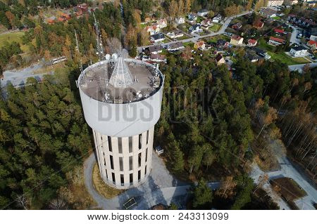 Sodertalje, Sweden - May 1, 2018: Aerial View Of The Blombacka Water Tower Eracted 1961.