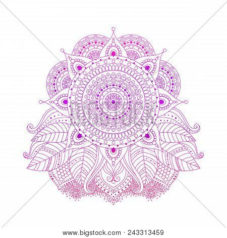 Purple Pink Gradient Colored Mandala, Line Art, Bright Floral Ornament In Boho Style, Or Hippie, Gip