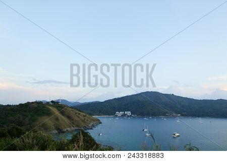 Blue Sea Landscape With Mountains And Sailing Ships. Concept Of Tourism And Southern Countries.