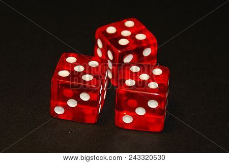Three Dice On A Black Desk, Result Fifteen (15), Doublets Of Five (5)
