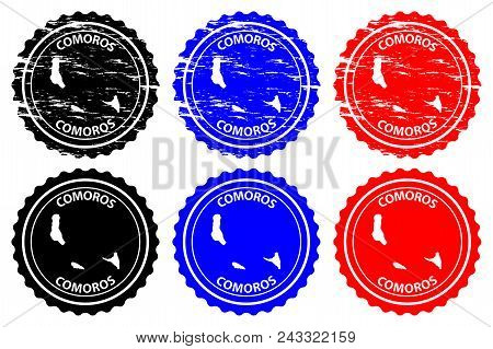 Comoros - Rubber Stamp - Vector, Union Of The Comoros Map Pattern - Sticker - Black, Blue And Red