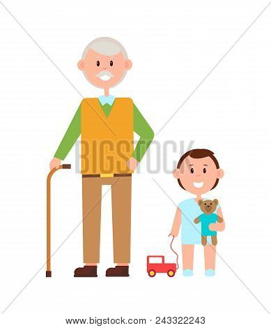 Grandfather With Grey Hair Holding Stick And Smiling And Grandson With Teddy Bear And Car, Banner Wi