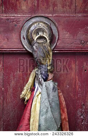Door Handle Of Gate Door Of Gompa In Tibetan Buddhist Monastery. Ladakh, Jammu Kashmir, India . Clos