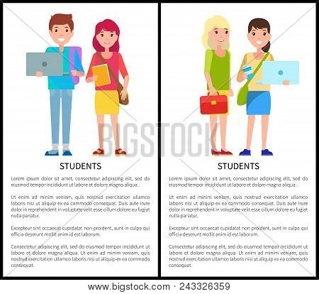 Students Poster With Text Samples, Smiling Students With Laptop, Milkshake And Book, Backpack And Ba