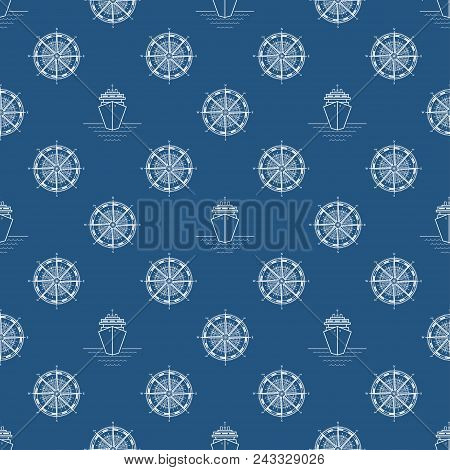 Seamless Travel Pattern With Cruise Ship And Windrose, Maritime Tourism Concept , Line Style Design,