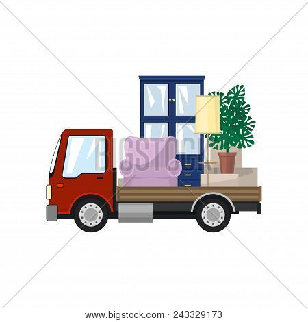 Truck Isolated On A White Background, Lorry Is Ttransporting Cupboard, Chair And Pot With Monstera, 