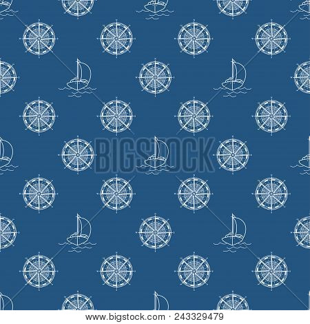 Seamless Travel Pattern With Yacht And Windrose, Maritime Tourism Concept , Line Style Design,  Illu