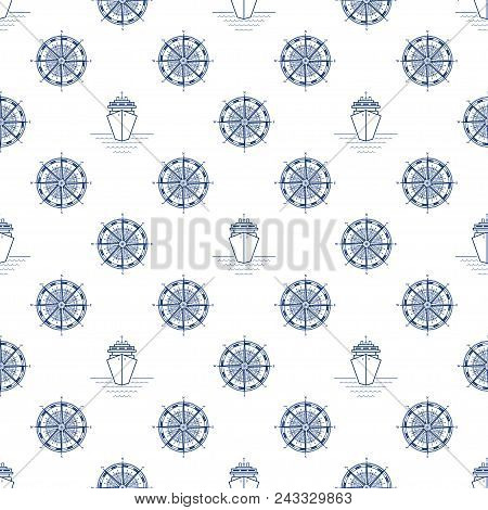 Seamless Travel Pattern, Blue Cruise Ship And Windrose On A White Background, Maritime Tourism Conce