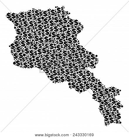 Armenia Map Mosaic Of Dollar Symbols And Circle Spots In Variable Sizes. Abstract Vector Wealth And 