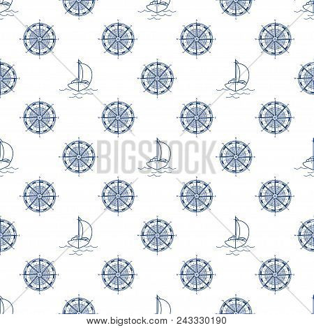 Seamless Travel Pattern, Blue Yacht And Windrose On A White Background, Maritime Tourism Concept , L