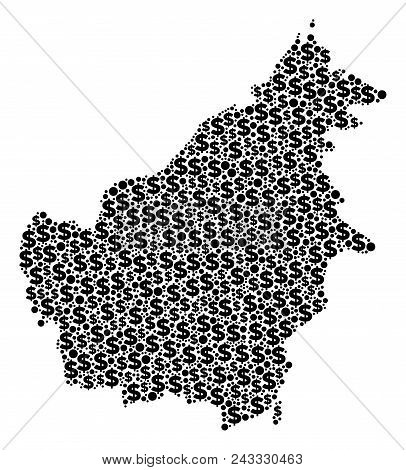 Borneo Island Map Mosaic Of Dollars And Sphere Spots In Different Sizes. Abstract Vector Cash And Gd