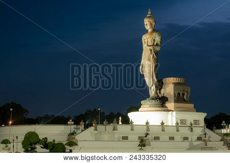 Important Day In Buddha Religion Concept. Big Buddha Statue  In The Evening At Buddha Park Center In