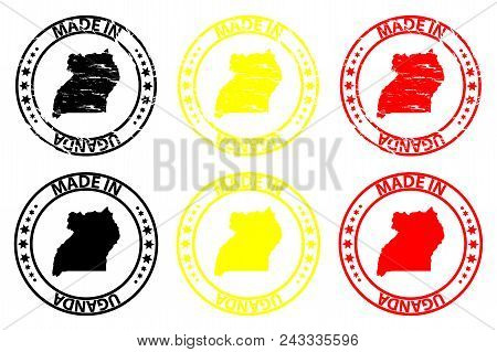 Made In Uganda - Rubber Stamp - Vector, Republic Of Uganda Map Pattern - Black, Yellow And Red
