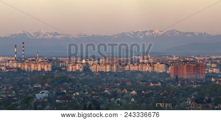 Wide Panorama, Aerial View Of Ivano-frankivsk City, Ukraine. Scene Of Modern Tourist City With Tall 