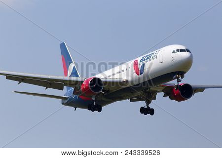 Borispol, Ukraine - May 25, 2018: D-azua Azur Air Germany Boeing 767-300 Aircraft On The Cloudy Sky 