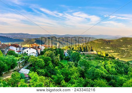 Aerial View At Motovun Town In Istria Region, Famous Tourist Place In Croatia, Europe.