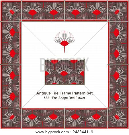 Antique Tile Frame Pattern Set Fan Shape Red Nature Flower, Ceramic Decoration Template For Greeting