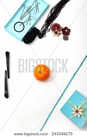 Accessories And Hair Pins Flat Lay. Sponge For Hair, Hairdo Babette. Necklaces Of Beads Or Flowers, 
