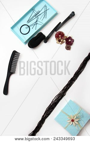 Accessories And Hair Pins Flat Lay. Sponge For Hair, Hairdo Babette. Necklaces Of Beads Or Flowers, 