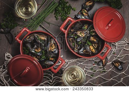 Freshly Cooked Mussles In Herbs And White Wine