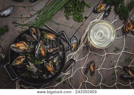 Freshly Cooked Mussles In Herbs And White Wine