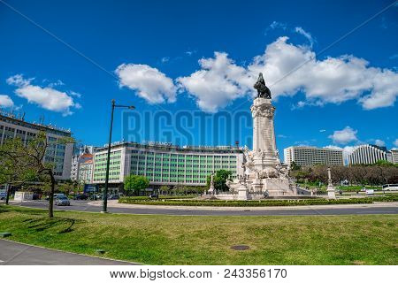 Lisbon , Portugal , May 01- 2018.   Monument To The Marquis Of Pombal The Prime-minister Who Rebuilt