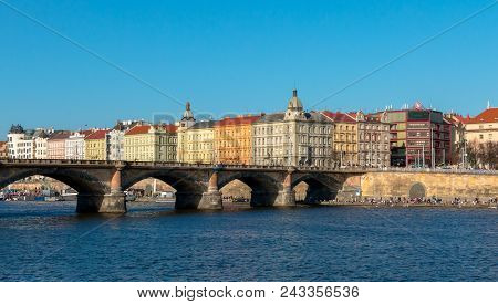 Prague, Czech Republic - April 07, 2018: Vltava River With Palacky Bridge Also Known As Palackeho Mo