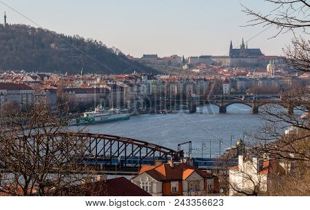 Prague, Czech Republic - April 07, 2018: Aerial View To Vltava River With Palacky Bridge And Saint V