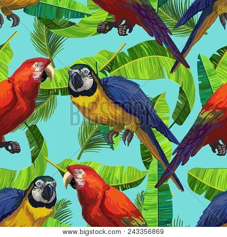 Vector Seamless Pattern With Blue, Red Macaw And Banana Leaves. Realistic Colorful Tropical Painting