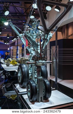 Berlin - April 26, 2018: Space Pavilion. Stand By Liebherr Group And Samples Of Aircraft Landing Gea
