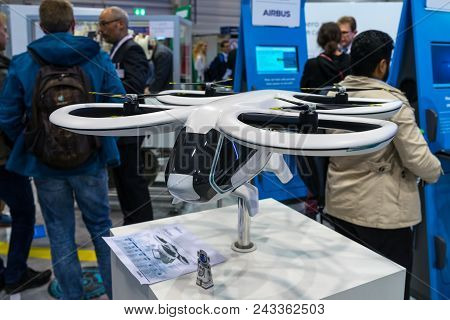 Berlin - April 26, 2018: Stand Of Airbus. Concept Model Of Personal Air Transport - City Airbus Heli