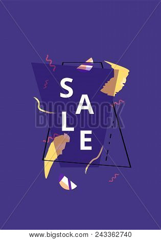 Sale Banner With Geometric Abstract Composition. Dark Vertical Promotion Card With Sliced Trendy Tex