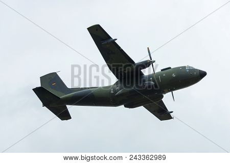 Berlin - April 26, 2018: Demonstration Flight Of The Military Transport Aircraft Transall C-160d. Ge