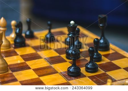 Chess Board With Pieces. Chessmate Position. Black And White Image