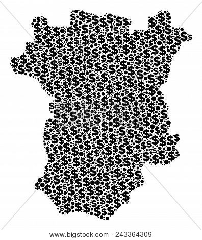 Chechnya Map Mosaic Of Dollars And Sphere Dots In Various Sizes. Abstract Vector Cash And Gdp Chechn