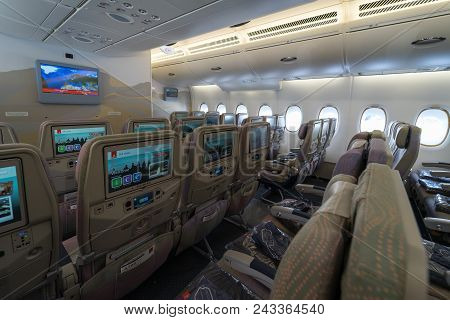 Berlin - April 26, 2018: Interior Of An Economy Class Of The Aircraft Airbus A380. Emirates Airline.
