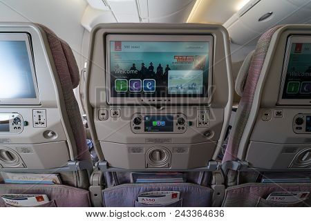 Berlin - April 26, 2018: Passenger Seats Of An Economy Class Of The Aircraft Airbus A380. Emirates A