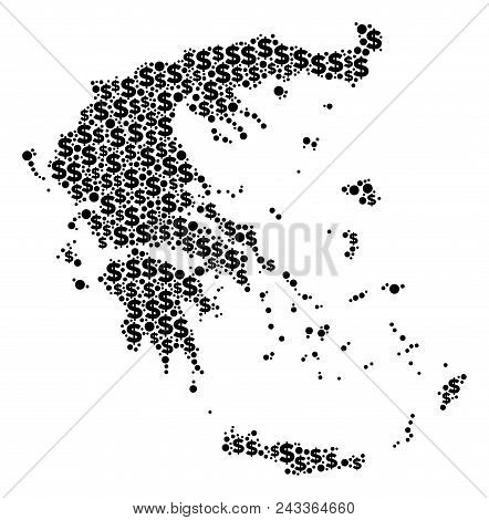 Greece Map Composition Of Money Signs And Circle Dots In Different Sizes. Abstract Vector Wealth And