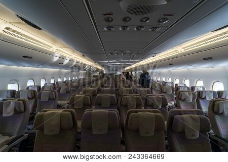 Berlin - April 26, 2018: Interior Of An Economy Class Of The Aircraft Airbus A380. Emirates Airline.